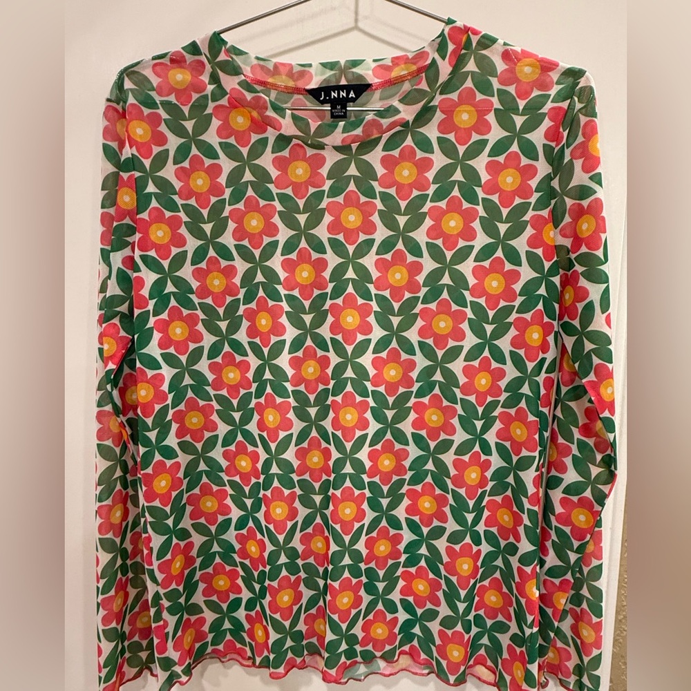 Green and Pink Sheer Floral Print Long Sleeve Women's Top
